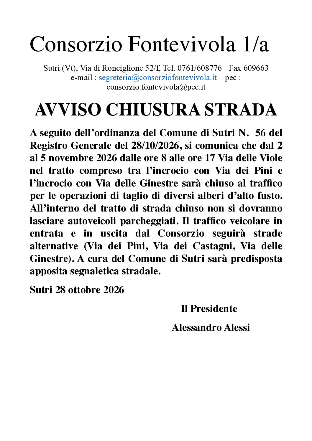 Avviso chisura Via Viole taglio alberi